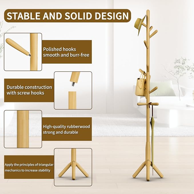 Solid Wood Coat Rack, Freestanding Tree-Shaped Coat Rack with 11 Hooks, Main Pole 1.6" dia for Clothes, Hat Stand Used in Bedroom/Office/Entryway (3-Leg Base, Natural Beige)