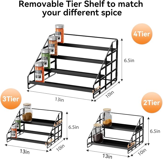 Bunoxea 4 Tier Adjustable Spice Rack for Cabinet & Countertop, Black | Depth Adjustable,Anti-drop Guard Rail,Tiered Cabinet Organizer,Holds 24+ Jars,for Cabinet, Pantry & Kitchen Countertop