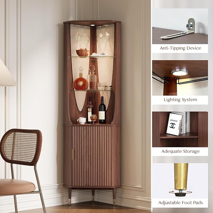JOINICE Tall Corner Bar Cabinet for Liquor,Mid-Century Modern,Walnut,70" | Fluted Door,Glass Shelves,Wine Cabinet with Led for Living Room, Kitchen,Dining Room,Easy Assembly,for Small Apartment