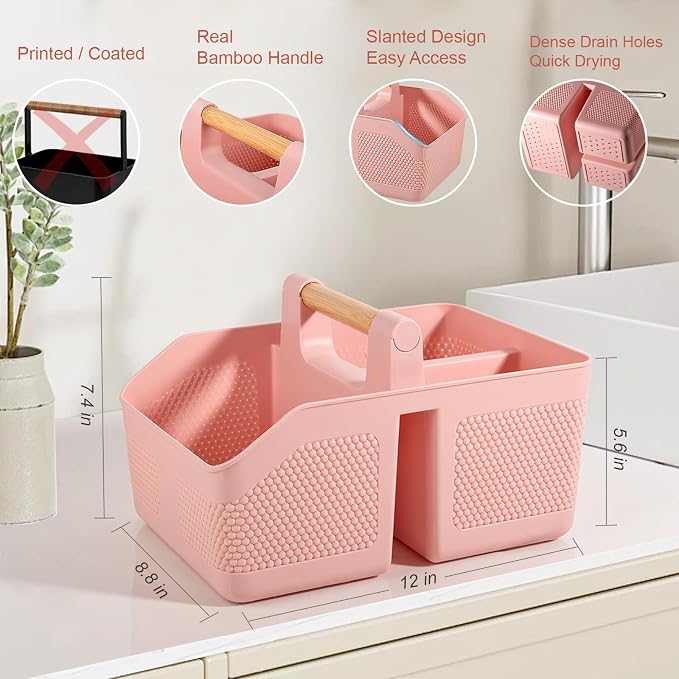 Plastic Shower Caddy Portable Shower Basket with Bamboo Handle, Pink | Cleaning Caddy Organizer Storage Tote for Bathroom, College Dorm Essentials, Bath Toy Storage