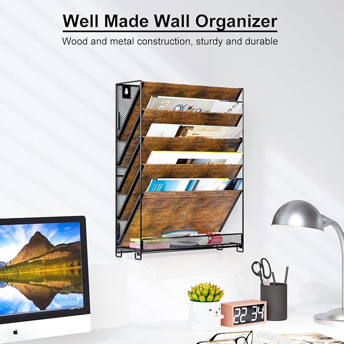 Wall File Organizer for Office, 6-Tier Rustic Hanging File holder Wall Storage Rack for Documents/Magazine/Literature/File Folders/Mails/Envelopes, Brown