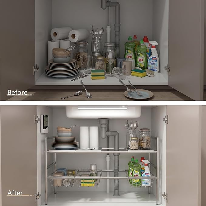 Under-Sink Organizer 2-Tier Expandable Cabinet Storage (4 panels 4 baskets) | LED Motion-Sensing Auxiliary Lighting Dial Thermometer Stainless Steel Telescopic & Adjustable Rust-Resistant