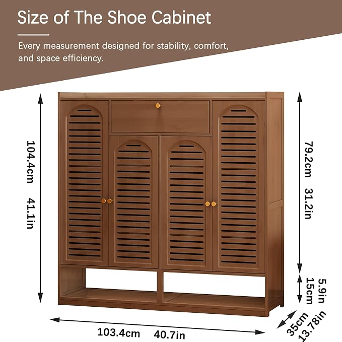 Shoe Cabinet with Louvered Doors, Freestanding Entryway Shoe Storage Cabinet with Drawer & Open Compartment, Modern Bamboo Shoe Rack Organizer with Shelves for Closet