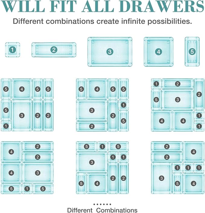 StorMiracle 23 PCS Drawer Organizer Set, 5 Varied Size Bathroom and kitchen Drawer cabinet organizer Trays, Clear Storage Bins for Makeup, Jewelry, Utensils and Gadgets