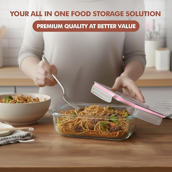 Razab 16 Pc (Set of 8) 30 Oz Glass Meal Prep Containers with Lids, Airtight Large Glass Food Storage Containers, Reusable Leak Proof BPA Free, Freezer to Oven and Dishwasher Safe
