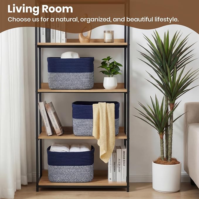 Storage Baskets for Organizing, 14 x 10 x 9” Closet Shelf Woven Baskets, Square Bins with Handles, Cotton Rope Basket for Clothes, Office, Room, Grey+Blue 1 Pack