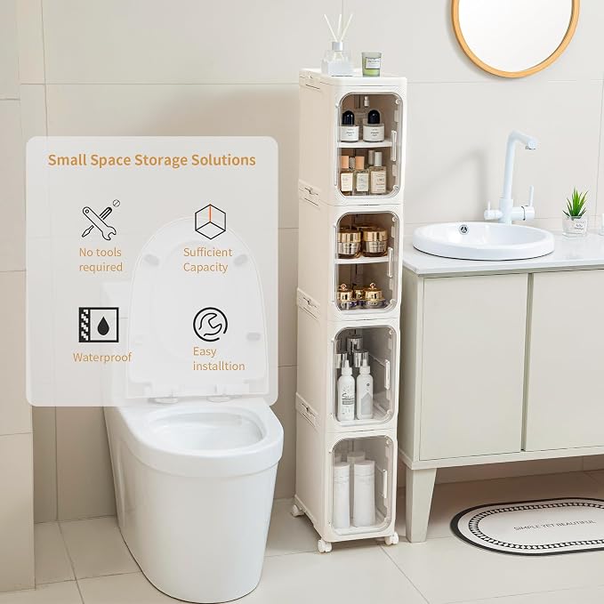 4-Tier Tall Narrow Slim Bathroom Storage Cabinet, Cream White | Tool Free Assembly, Adjustable Shelves, Fits for Narrow Spaces, Reinforced Stability, Magnetic Clear Door
