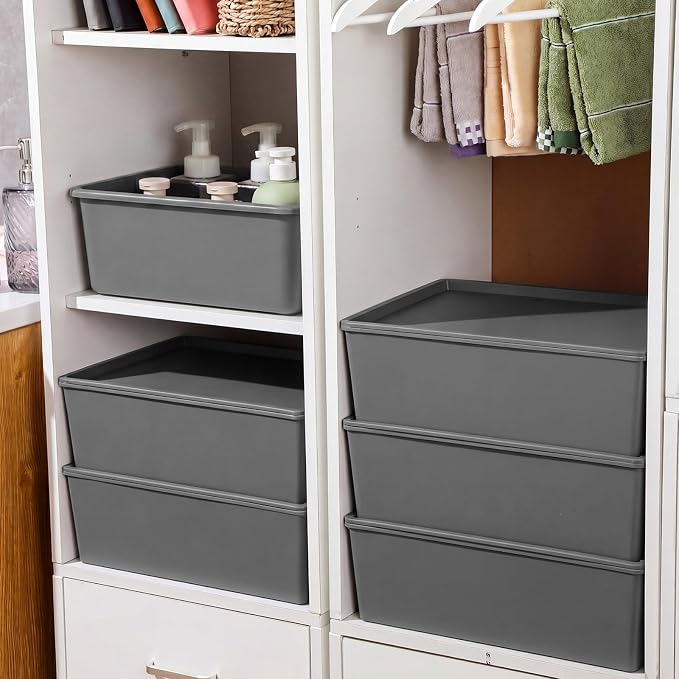 6 Pcs Plastic Storage Bins with Lids Stackable Storage Containers Durable Box Baskets for Organizing Shelves Playroom Classroom Office (Large,Grey)