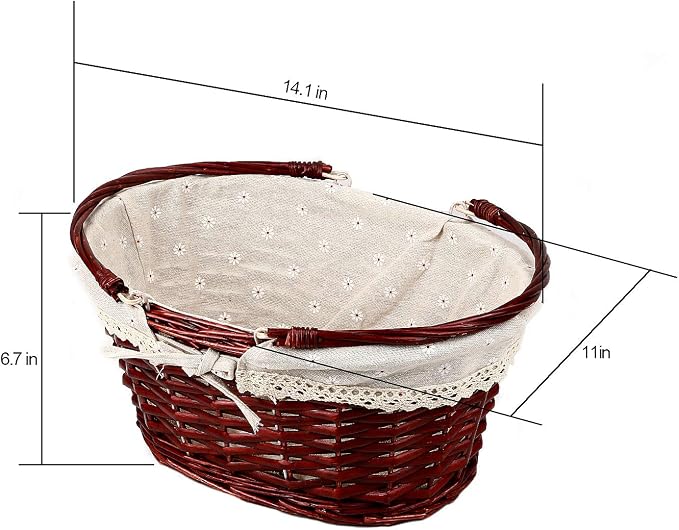 KINJOEK Wicker Woven Basket, Multipurpose Natural Willow Basket with Handle Premium Linen Cotton Cloth Lining for Storage and Decoration, Brown
