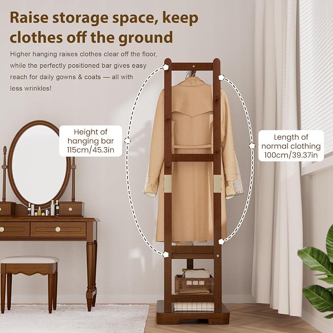Taitiy Coat Rack Solid Wood Hall Tree Storage 2 Shelves 5 Hooks | Hallway bedroom living room, durable wood construction, freestanding organizer design, coats hats wallets garments
