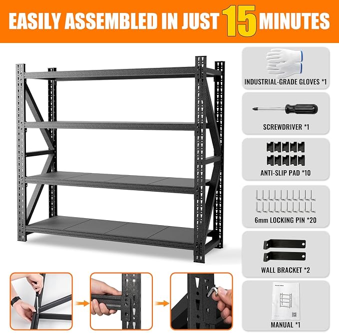 6000LBS 4 Tier Garage Storage Shelves, Heavy Duty Adjustable Storage Rack for Warehouse, Basement, Shop and Office, Commercial-Grade Steel Organizer, 75" W x 24" D x 69" H