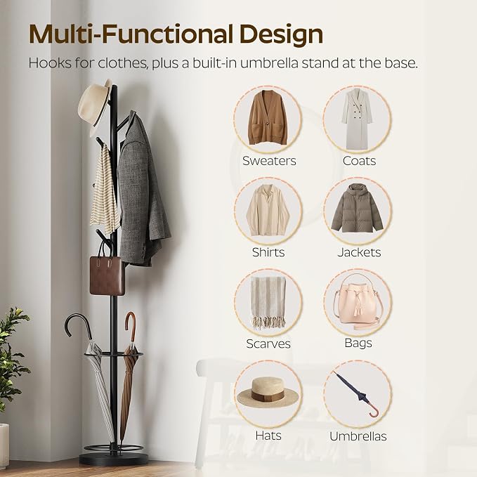 Coat Rack Freestanding with Umbrella Holder, Coat Rack Stand with 8 Hooks, Heavy Duty Coat Tree for Entryway, Modern Clothing Rack, Metal Coat Hanger Stand for Bedroom, Office, Black YM03BB