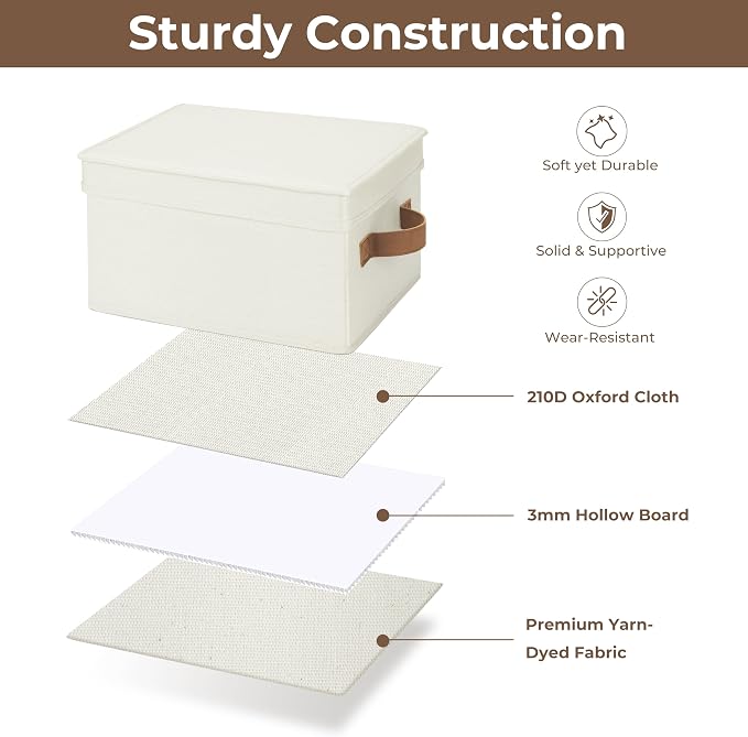 StorageWorks Storage Bins with Lids, Decorative Storage Boxes with Lid and PU Handles, Foldable Storage Baskets for Closet, Shelves, Stackable, Ivory, Medium, 3-Pack