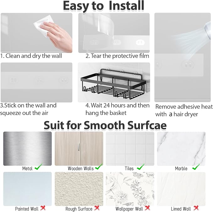 Liuoud 5 Pack Shower Caddy Organizer Rack Shelf for Inside Shower, Adhesive Bathroom Wall Storage Basket Rustproof Stainless Steel Shampoo Holder, Bathroom Accessory Decor Set, Black.