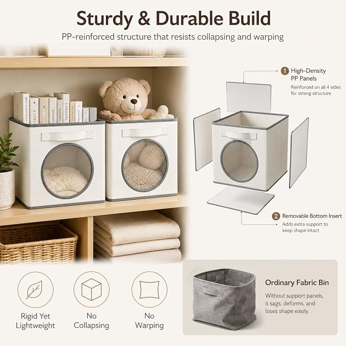 Fabric Storage Cubes with Mesh Window, 11'' Cube Storage Bin, Ivory, 4 Pack | See through Round window, Foldable Odor-Free & Sturdy PP Structure, Cubby Baskets for Closet, Shelves, Bedroom and Offices