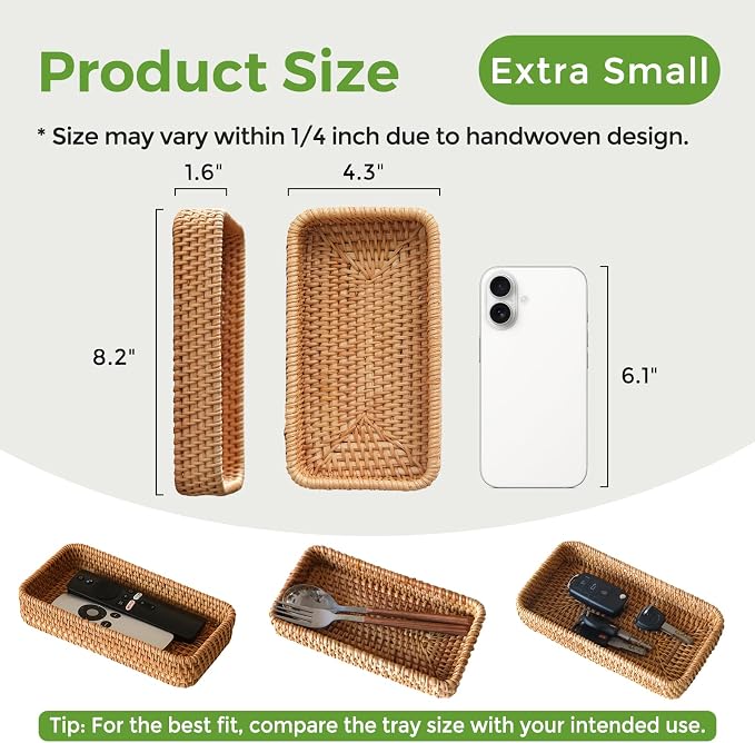 Small Rattan Serving Tray, Natural Wicker Decorative Tray (8.2" × 4.3") | Handwoven Tray for Trinket Ring Cosmetic, Rectangle Keys Basket Jewelry Perfume Trays for Coffee Table Entryway Living Room