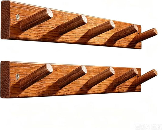 Natural Teak Wall-Mounted Coat Rack (Set of 2, 16'' Hole to Hole) - Farmhouse Entryway Hooks with 5 Wooden Hooks Each, Rustic for Bathroom, Mudroom 2P