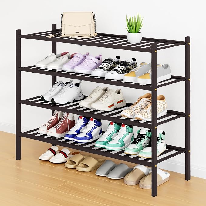 Smiry Bamboo Shoe Rack, 12 Vertical Slats, 4 Tier - 33.7" Wide, Brown | Stackable Free Standing Wooden Shoe Organizer, Wood Shoe Storage Shelf for Closet, Entryway