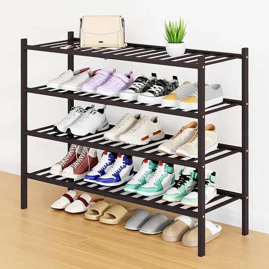 Smiry Bamboo Shoe Rack, 12 Vertical Slats, 4 Tier - 33.7" Wide, Brown | Stackable Free Standing Wooden Shoe Organizer, Wood Shoe Storage Shelf for Closet, Entryway