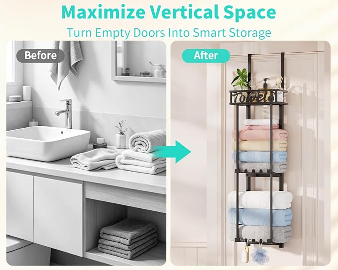 HapiRm Towel Rack Bathroom Storage - 3 Tier Over The Door & Wall Mounted Rolled Towel Racks Holder Organizer with Metal Shelf and 6 Hooks for Small Bathroom, Camper, Rv - Black (for 1.77 in Doors)