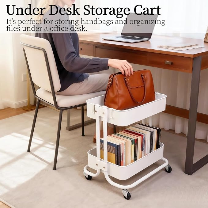 2 Tier Under Desk Storage Cart with Wheels Heavy Duty Metal Short Rolling Pantry Storage Cart for Small Space, Utility Trolley for Kitchen Bathroom Laundry Cute Snack Craft Organizer, White
