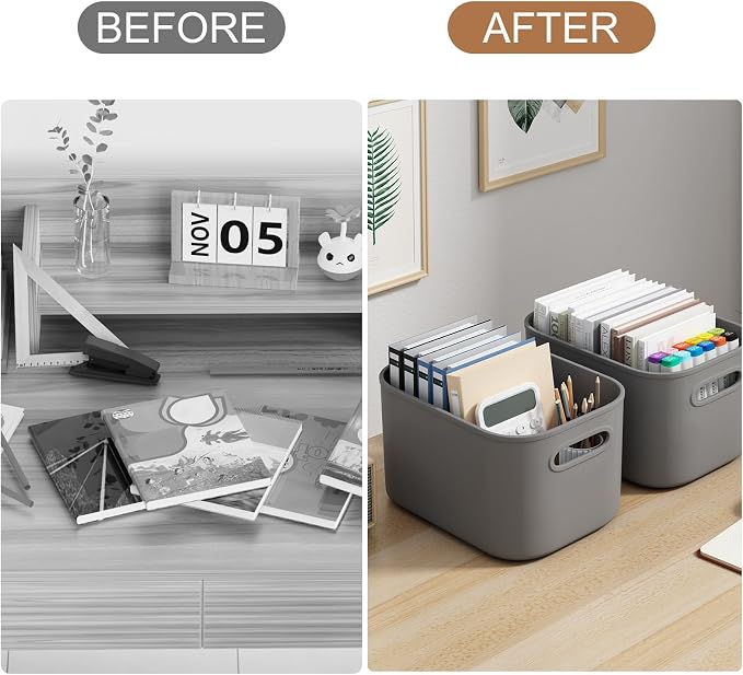 ORGIDOL 6 Pack Grey Storage Bins with Lids Stackable Storage Container for Organizing, Storage Boxes with Handle for Shelves, Cute Organizer Bins for Craft, Snacks, 9.85x6.9x5.7 inch