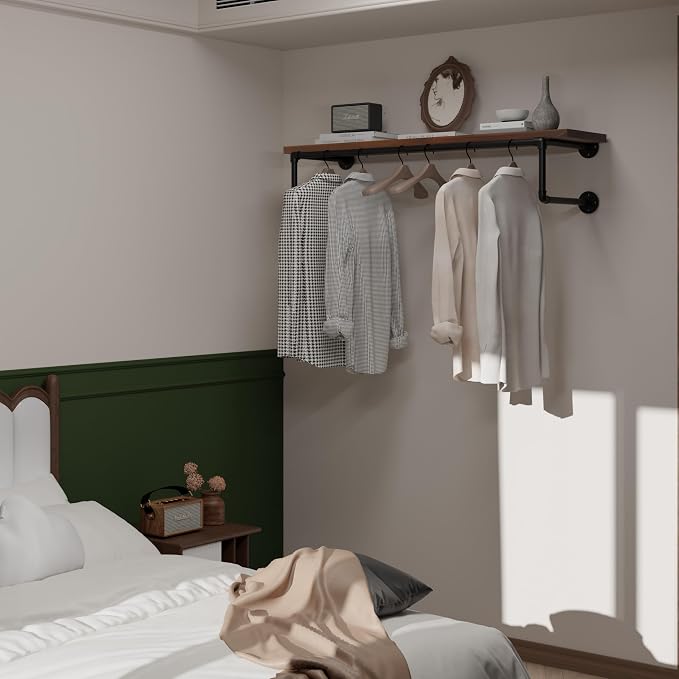Clothes Rack 42in, Wall Mounted Garment Racks with Real Walnut Wood Shelf, Heavy Duty Hanging Clothes Rack, Multi-Purpose Hanging Rod, Space-Saving Closet Storage