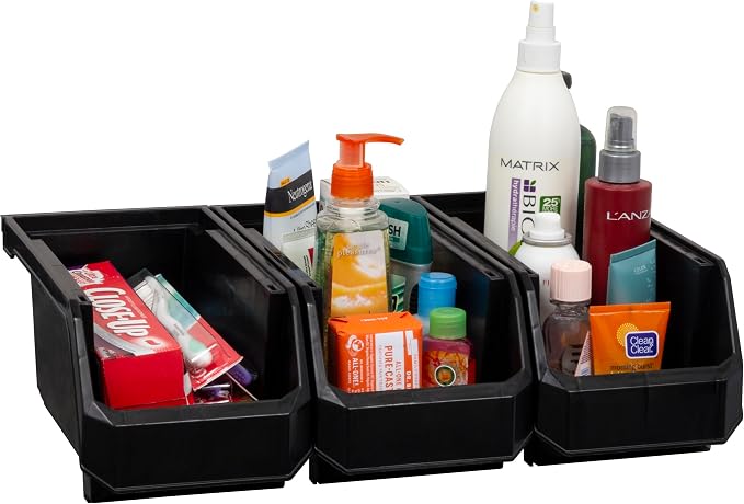 ReadySpace Medium Stackable Plastic Storage Bins, 8-Pack, Black | Open-Front Stackable Bins For Garage, Pantry, Closet & Office, 11"L X 5,5"W X 5"H, Nests When Empty, Durable Plastic,