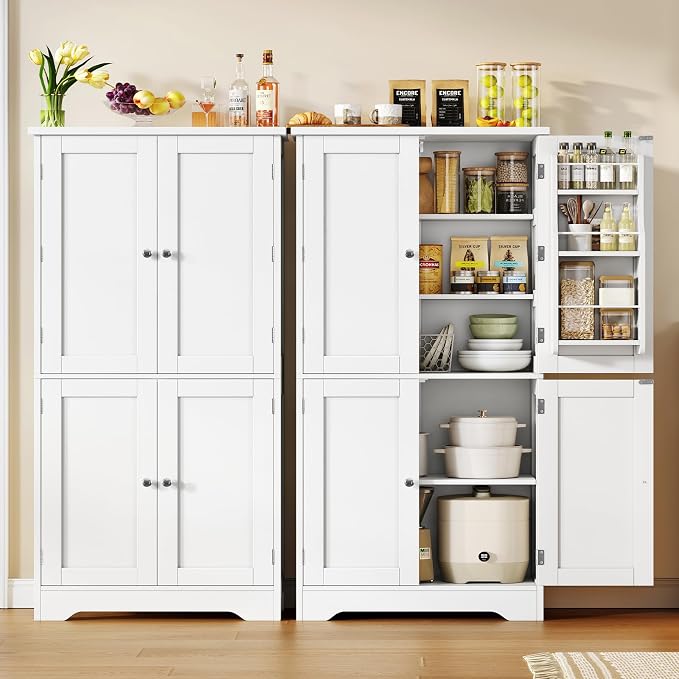 51" H Pantry Cabinet with 4 Doors, Kitchen Cabinet with 6 Door Shelves, Storage Cabinet for Living Room, Dining Room, Bathroom, White