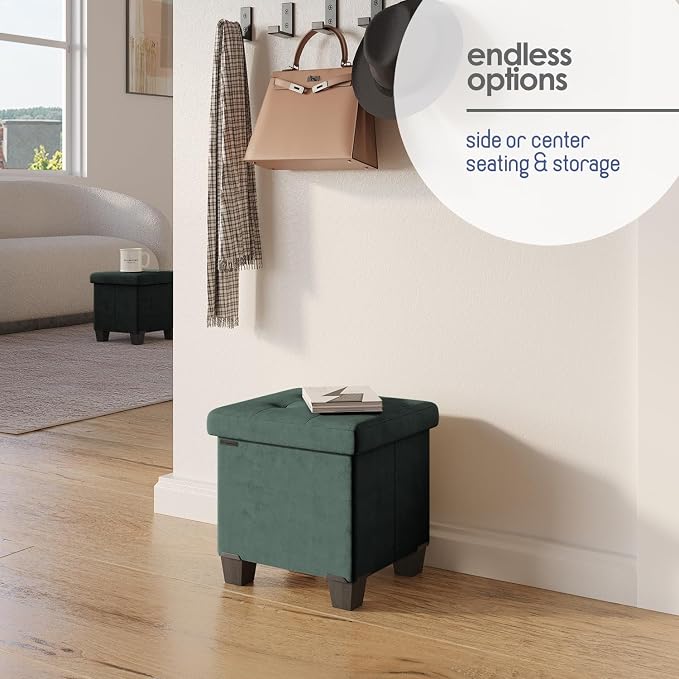 Storage Ottoman Cube with Small Bin, 15-in Square Ottoman with Storage for Living Room and Bedroom, Small Ottomans Foot Rest, Velvet Foot Stools Ottomans Max 330lbs, Green