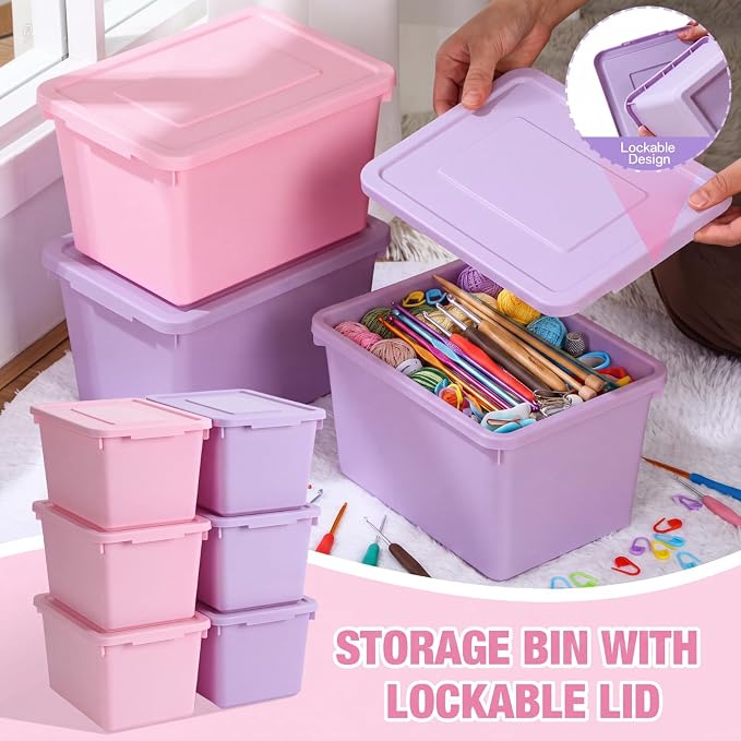 Potchen 6 Pack Small Stackable Storage Bins with Lids Plastic Storage Boxes for Classroom 9.8" ×7.3" ×5.7" Decorative Organizer Bins for Craft Art Office Teacher Supplies (Pink,Purple)
