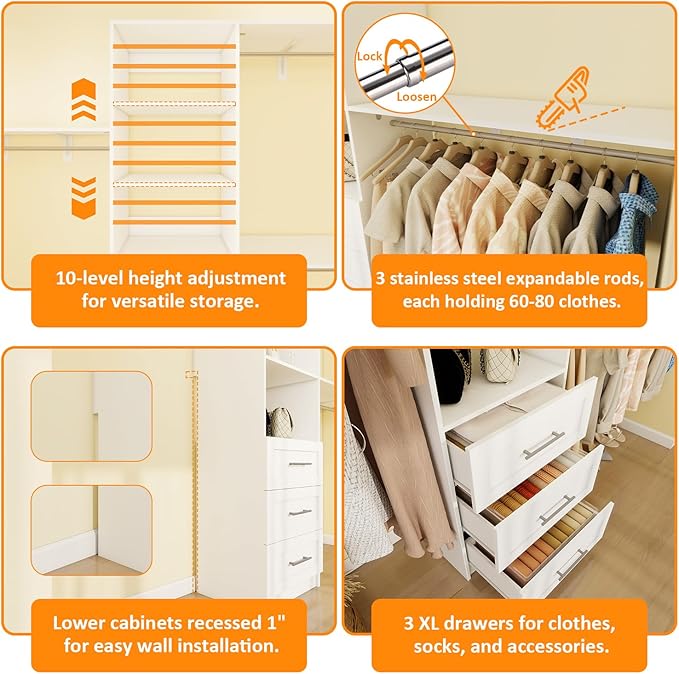 Closet System with Drawers, 5FT-8FT Closet Organizer System with Shelves & Expandable Hanging Rods, Walk in Storage Closet System Wood, White