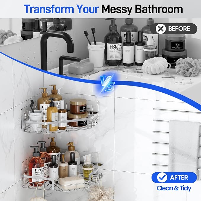 Corner Shower Caddy, Rustproof Shower Organizer with Soap Holder and 8 Hooks, No Drilling Adhesive Shower Shelves for Inside Shower, Large Capacity Shower Rack for Bathroom Shower Storage, Sliver