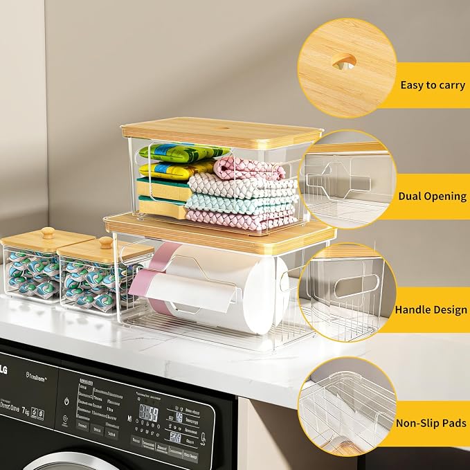 4 Pack Trash Bag Holder with Bamboo Lid, Stackable Garbage Bag Dispenser Under Sink, Storage Organizer for Kitchen, Laundry, Pantry (S+S+M+L)