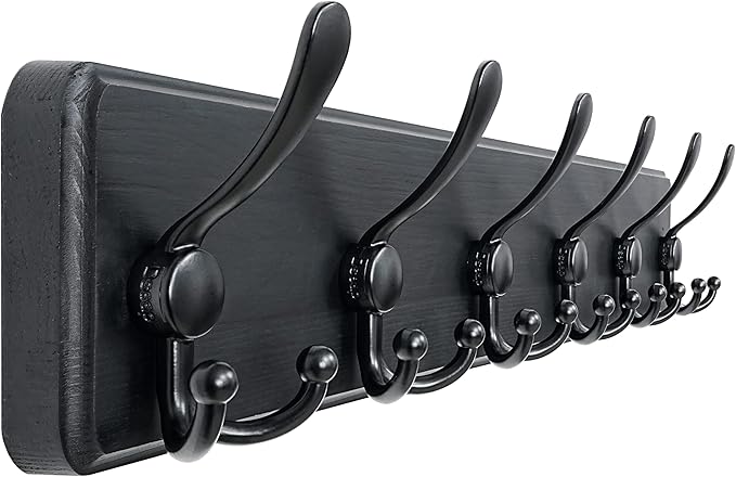 Coat Rack Wall Mounted - 24" Long 6 Tri Hooks, Heavy Duty Wooden Wall Coat Hanger Coat Hook for Clothes Hat Jacket Clothing, Black
