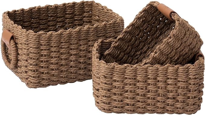LA JOLIE MUSE Small Wicker Baskets For Organizing, Paper Rope, Brown 3 Pk | Decorative Organizer with Vegan Leather Tag, Round Handle, Storage Baskets for Shelves, Bedroom, Kitchen, Office and Home