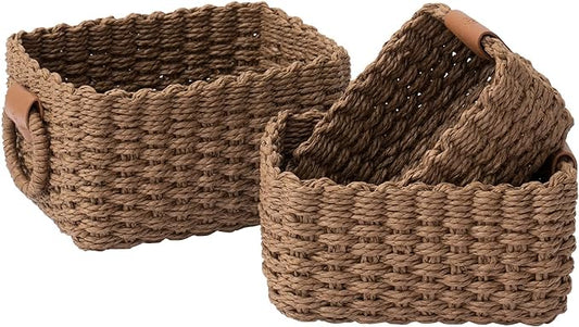 LA JOLIE MUSE Small Wicker Baskets For Organizing, Paper Rope, Brown 3 Pk | Decorative Organizer with Vegan Leather Tag, Round Handle, Storage Baskets for Shelves, Bedroom, Kitchen, Office and Home