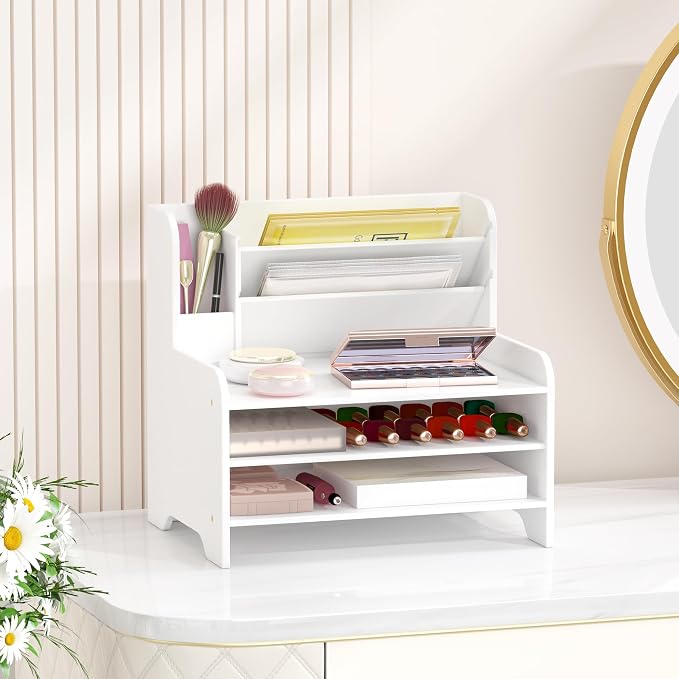 Bamboo File Organizer for Desk, Paper Tray with Pen Holder-White | Open tiers and a pen holder sort Letter/A4 paper, folders and office supplies while keeping your workspace clutter-free