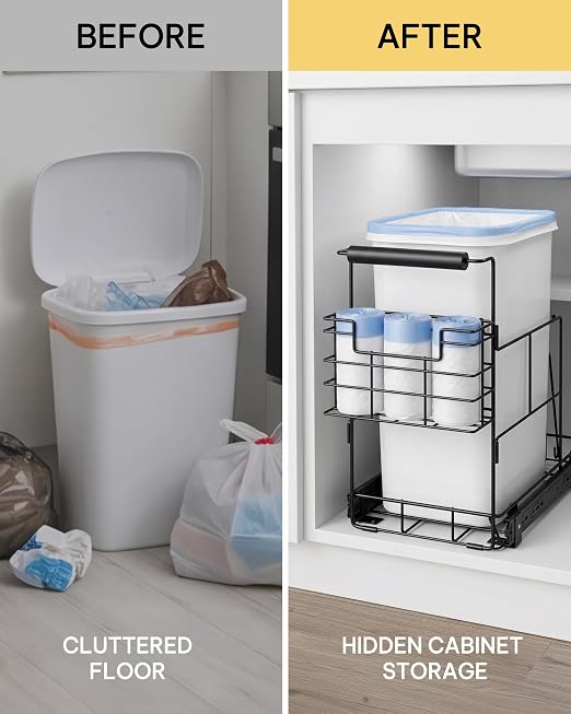 Bulado Pull Out Trash Can Under Cabinet with Removable Trash Bag Holder | Space-Saving Under Sink Trash Can Pull Out, Fits 30–40 Qt Bins, Supports 125 lbs, Soft-Close Slide, Bin Not Included