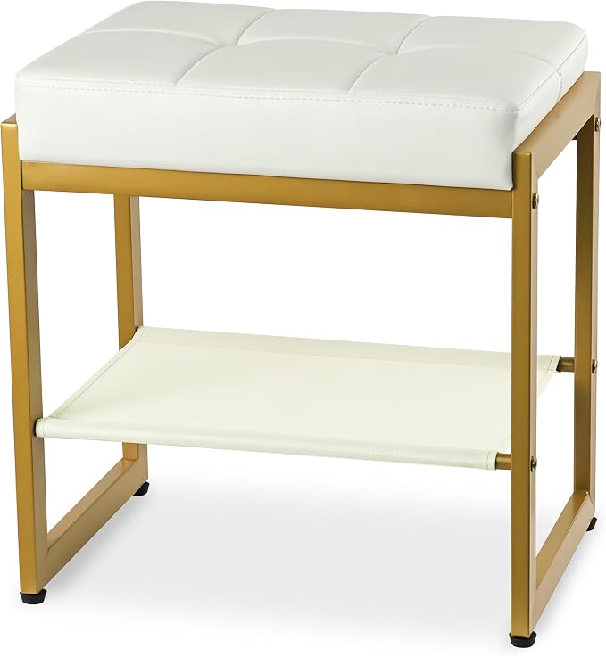 White Gold Vanity Stool, Vanity Chair Stools with a Lower Storage Shelf, Faux Leather Upholstered Ottoman Bench for Bedroom, Living Room, Modern Metal Legs Makeup Chairs