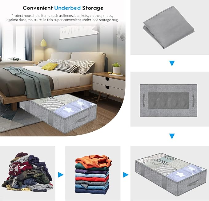 Onlyeasy Large Underbed Storage Bags Organizer Container (2 Pack) with 4 Handles and 2 Sturdy Zippers, Blankets Clothes Comforters Foldable Storage Bags with Clear Window, Herringbone Grey, MXRUBBP2