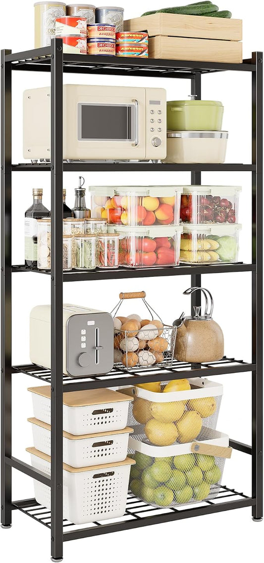 Storage Shelves, 5-Tier Metal Shelving Unit with 120 lbs Per Shelf, Leveling Feet, Storage Rack for Garage, Kitchen, Pantry, Closet, 24" x 11.8" x 61.1", Black
