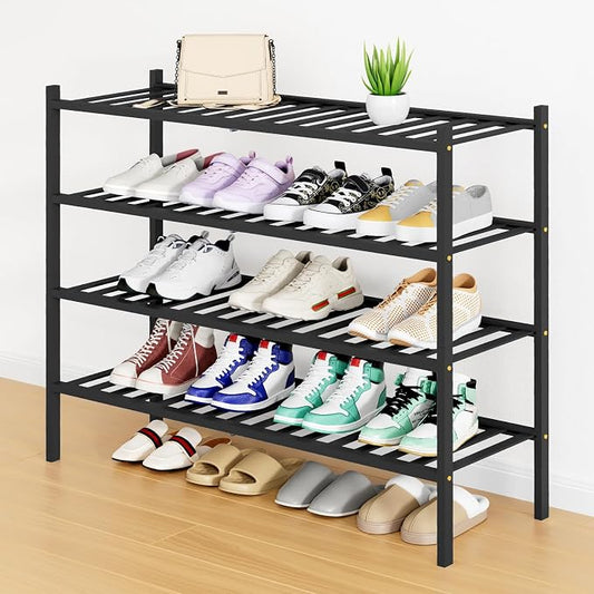 Smiry Bamboo Shoe Rack, 12 Vertical Slats, 4 Tier - 33.7" Wide, Black | Stackable Free Standing Wooden Shoe Organizer, Wood Shoe Storage Shelf for Closet, Entryway