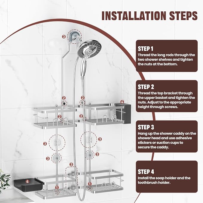REINHARDT Adjustable Shower Caddy Hanging for Handheld Showerheads, Silver | Patented Shower Organizer, Rustproof, 40lbs Capacity, Anti-Swing, Tool-Free, Suction Cups, 8 Hooks, Soap & Toothbrush Holder