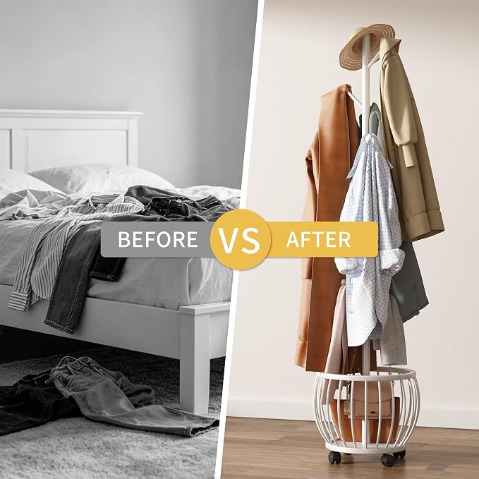 Coat Rack Freestanding Coat Stand with Basket 6 Hooks Wheels,White | Metal Coat Rack Stand Coat Tree for Home Entryway Bedroom Living Room Office Corner Modern Organizer for Scarf Jacket Hat Bag