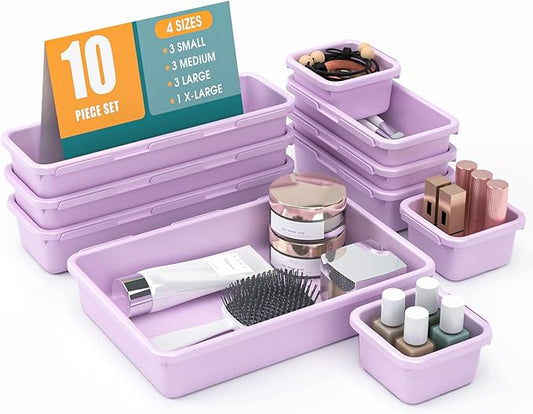10 PCS Drawer Organizer Set, 4 Size Makeup Drawer Divider Organizer With Non-Slip Pads, Interlocking Plastic Storage Bins for Office,Jewelry Vanity,Gadgets, Bathroom,Kitchen, Purple