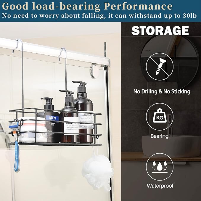1-Tier Shower Caddy Hanging Shower Organizer Rack with Hook Over Door 2PK