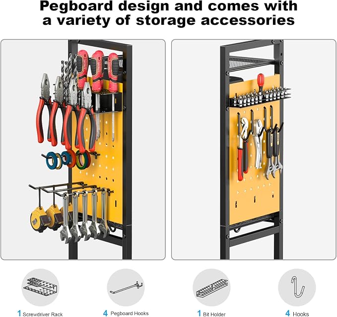 CCCEI Garage Power Tools Organizer Cart with Charging Station, Black Floor Standing Rolling Drill and Tools Battery Storage Cart on Wheels. Yellow Utility Rack Gift for Men, Husband, Father.
