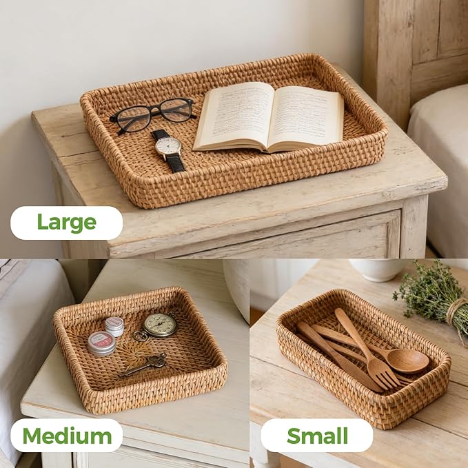 Rattan Serving Tray,Rectangle Wicker Storage Basket Set of 3 for Organizing | Natural Rattan, Decorative Serving Woven Trays Wicker Baskets for Storage, Home Decor, Bathroom, Kitchen Counter