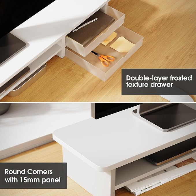 Fenge Monitor Stand, Desk Computer Riser with Frosted Storage Drawer, White | 42.5 Inch Dual Monitor Riser, 2 Tiers, Cable Management, Desk Shelf for 2 Monitors, Ultrawide Screen, Laptop, TV, Home Office